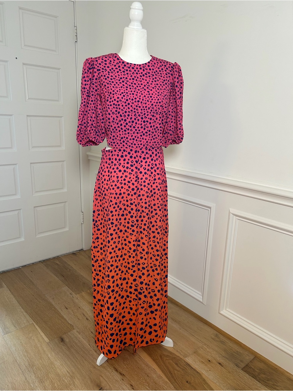 AFRM Pink and Orange Ombre Maxi Dress with Navy Spot Print